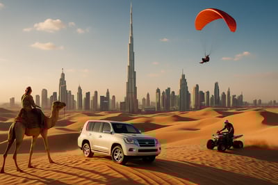 Dubai skyline with Burj Khalifa and desert adventures