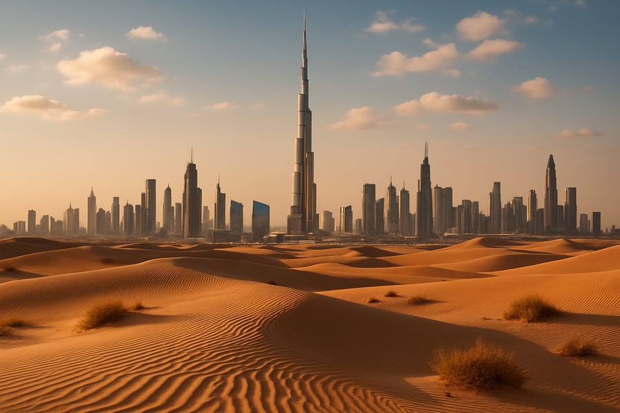 Dubai skyline with Burj Khalifa and desert landscape