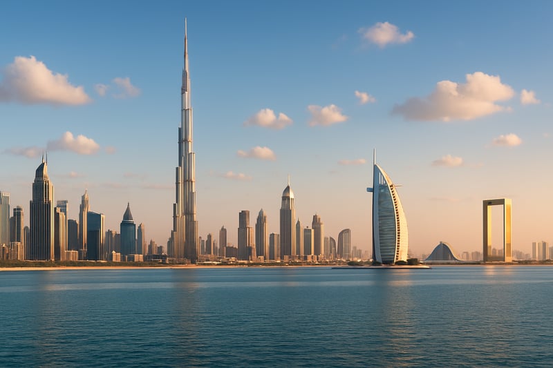 Panoramic skyline of Dubai with iconic landmarks